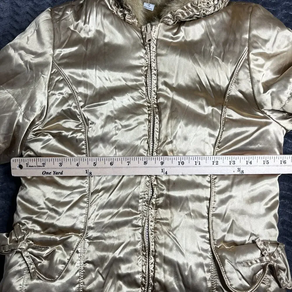 The Childrens Place Girls Gold satin tan Faux Fur reversible Jacket Size 7/8